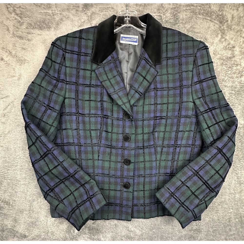 VTG Pendleton Blazer Petite Women's 4 Green Navy Tartan Plaid Wool USA Made